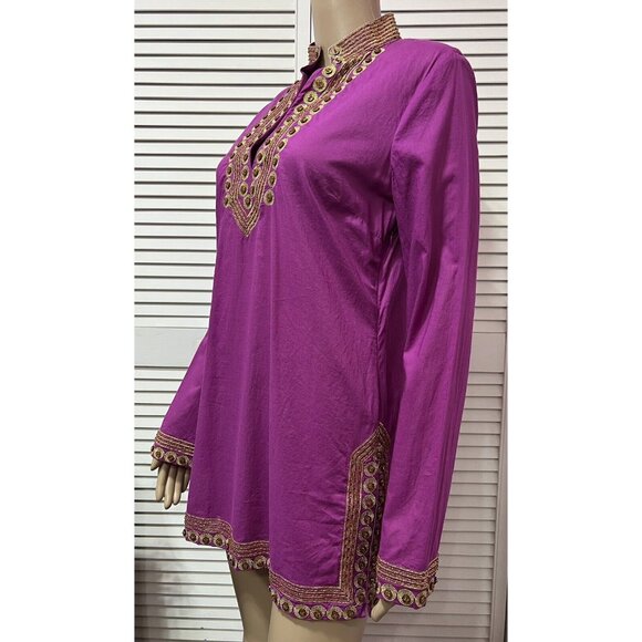 Tory Burch Women Top Tunic Blouse Size 6 Magenta Gold Embroidery Long Sleeves - Picture 5 of 16